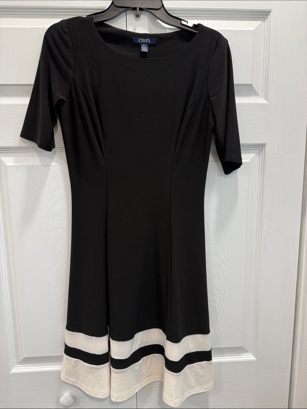 Chaps Black Midi Dress with Ivory Hem Stripes Size Small Polyester/Elastane